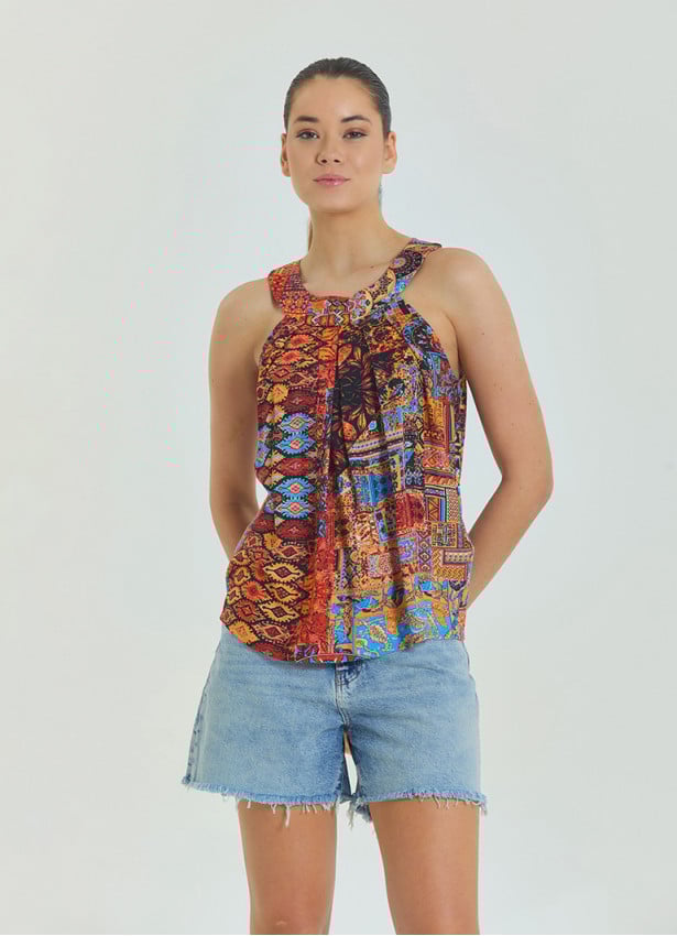 Halter Neck Button Detail Pleated Orange Authentic Blouse 4677